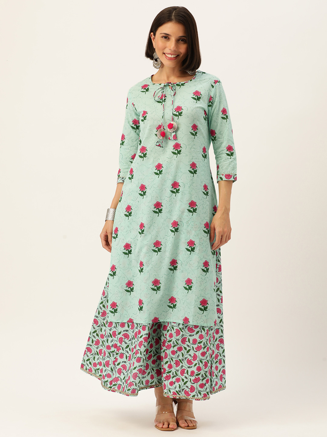 

FABRIC FITOOR Women Sea Green Floral Printed Gotta Patti Pure Cotton Kurti with Palazzos