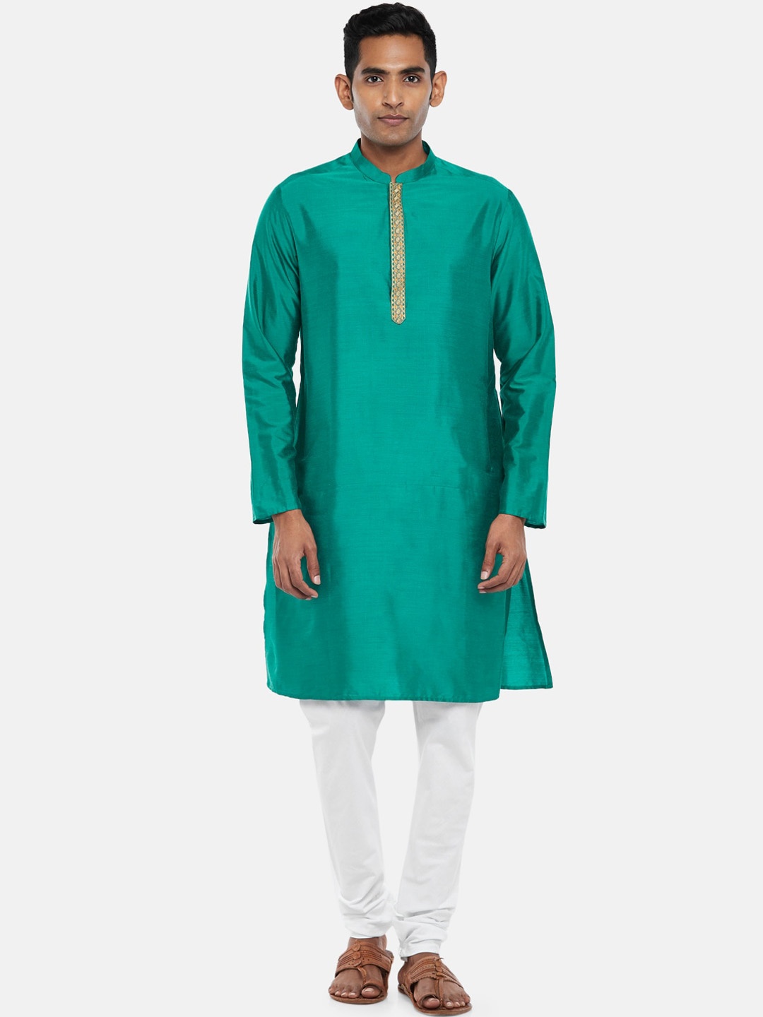 

indus route by Pantaloons Men Teal Empire Kurta with White Pyjamas