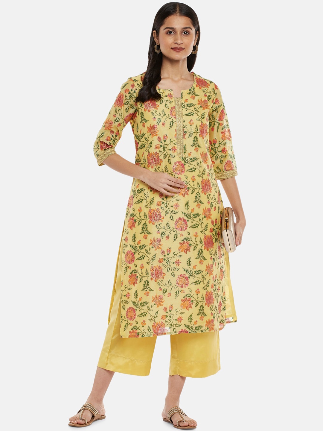 

RANGMANCH BY PANTALOONS Women Mustard Yellow Floral Printed Kurta with Trousers