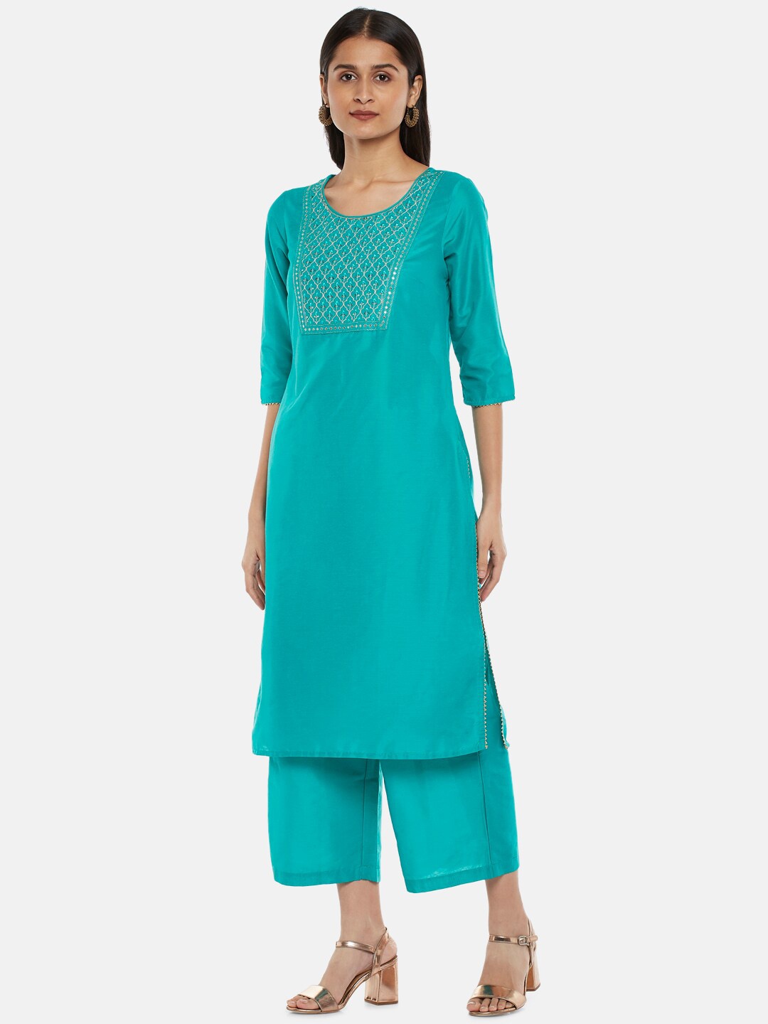 

RANGMANCH BY PANTALOONS Women Turquoise Blue Layered Kurta with Trousers & With Dupatta