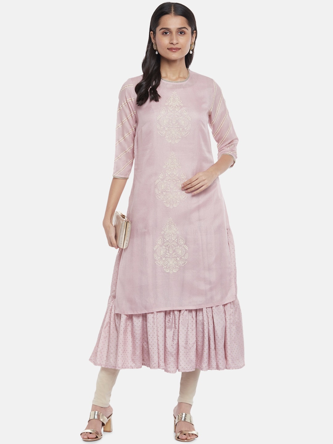 

RANGMANCH BY PANTALOONS Women Mauve Embroidered Layered Cotton Kurta
