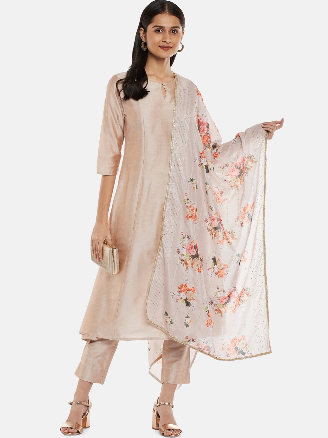 

RANGMANCH BY PANTALOONS Women Beige Panelled Kurti with Trousers & With Dupatta
