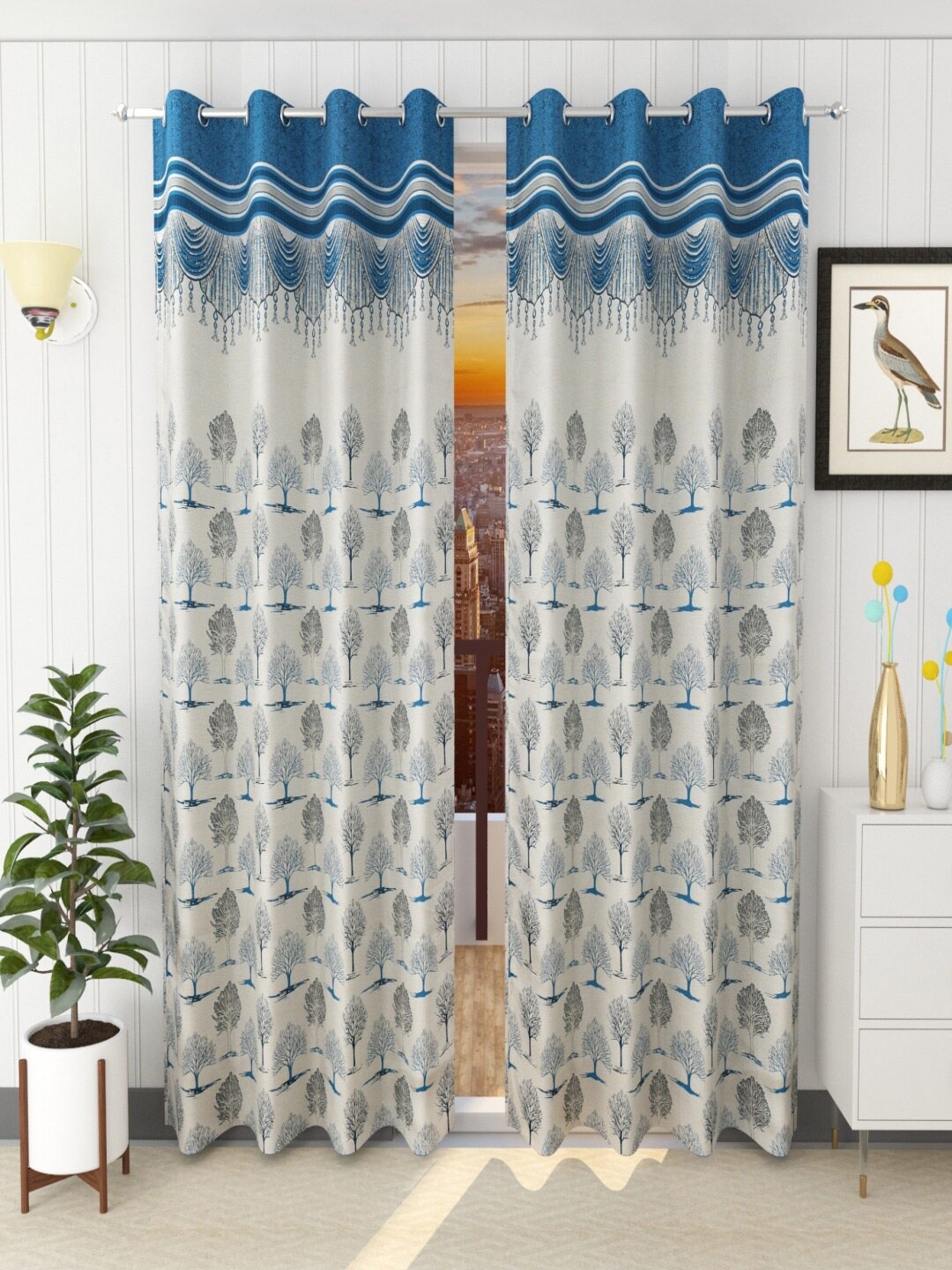 

Homefab India Turquoise Blue & White Set of 2 Floral Room Darkening Door Curtain