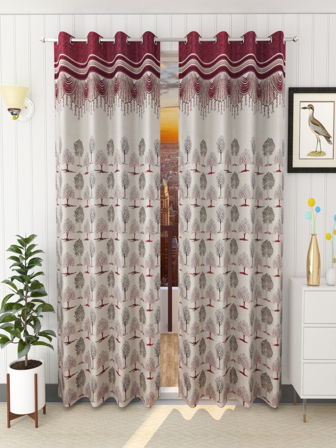 

Homefab India Maroon & Black Set of 2 Floral Room Darkening Long Door Curtain