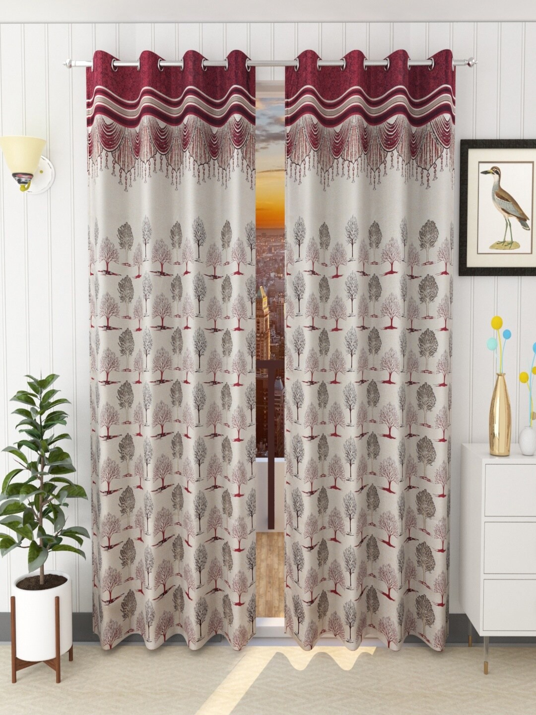 Homefab India Maroon & Grey Pack of 2 Ethnic Motifs Room Darkening Door Curtain