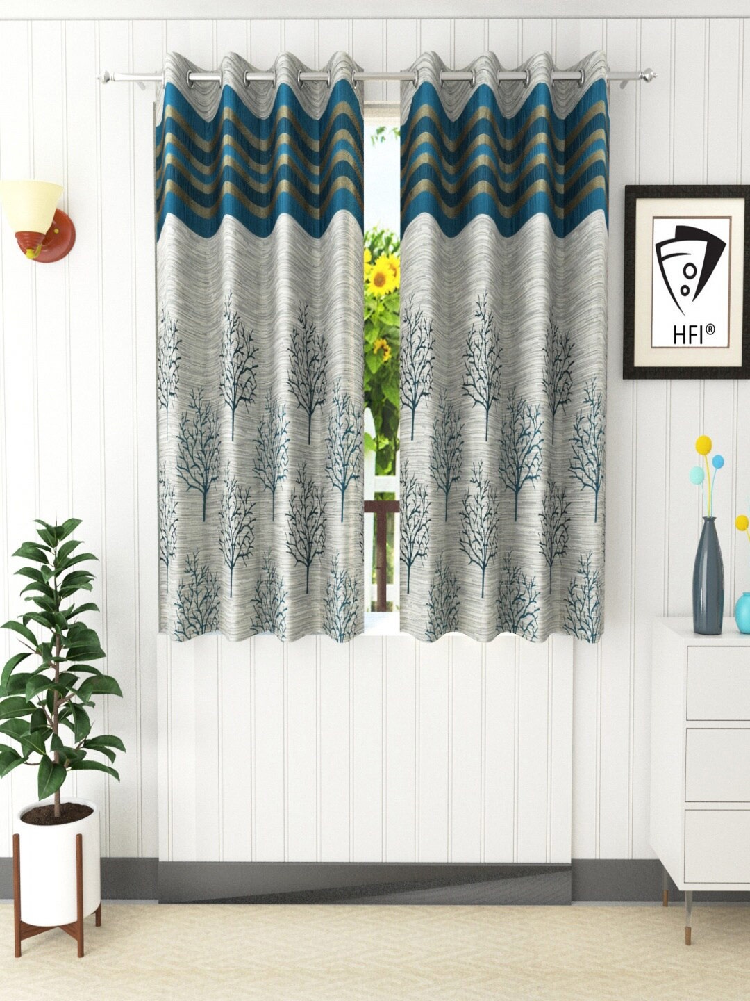 

Homefab India Turquoise Blue & Grey Set of 2 Floral Room Darkening Window Curtain