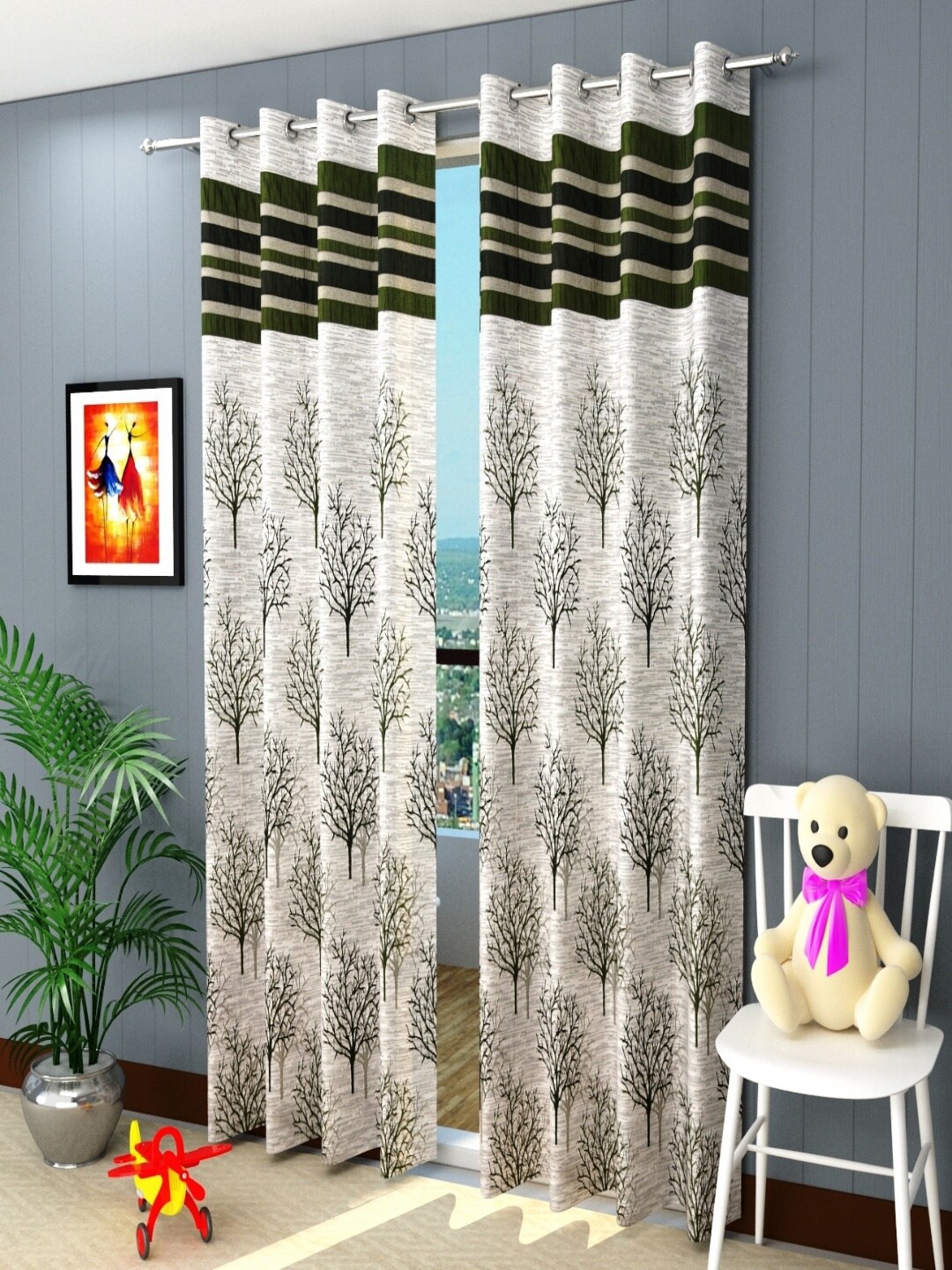 

Homefab India Green & Off White Set of 2 Floral Room Darkening Window Curtain