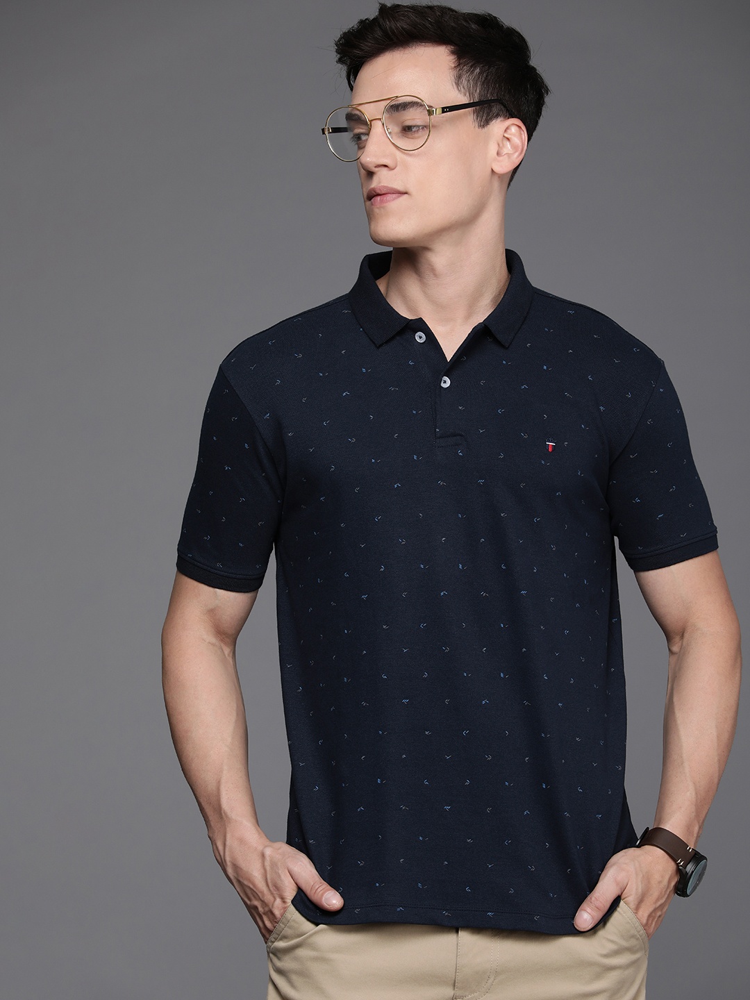 

Louis Philippe Men Navy Blue Printed Polo Collar Slim Fit T-shirt