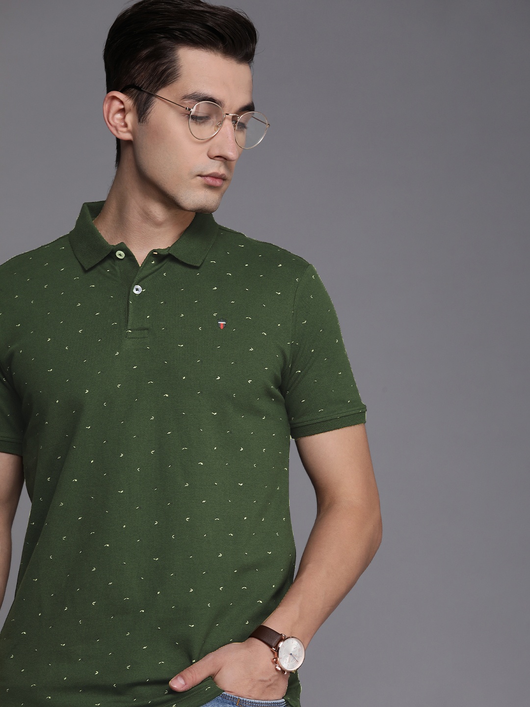 

Louis Philippe Men Olive Green Printed Polo Collar Slim Fit T-shirt