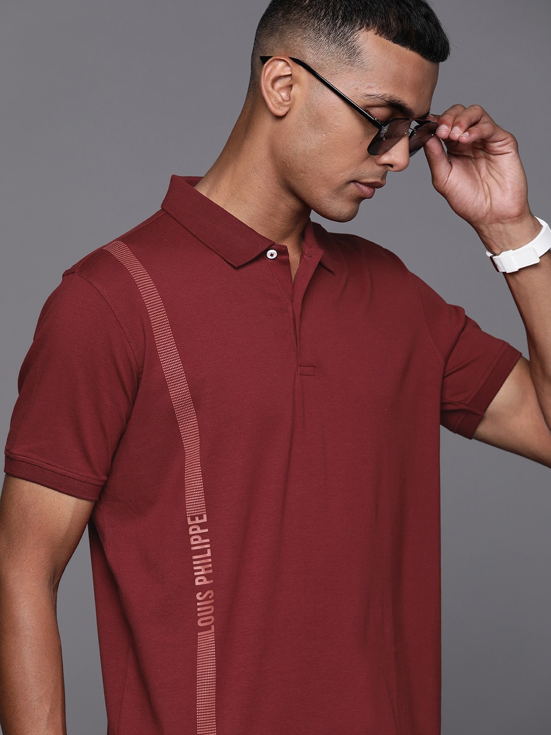 

Louis Philippe Ath Work Men Maroon Brand Logo Printed Polo Collar Slim Fit T-shirt