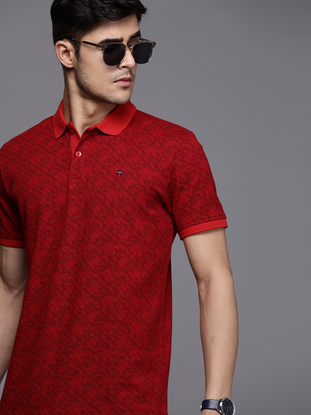 

Louis Philippe Ath Work Men Red & Black Printed Polo Collar Pure Cotton T-shirt