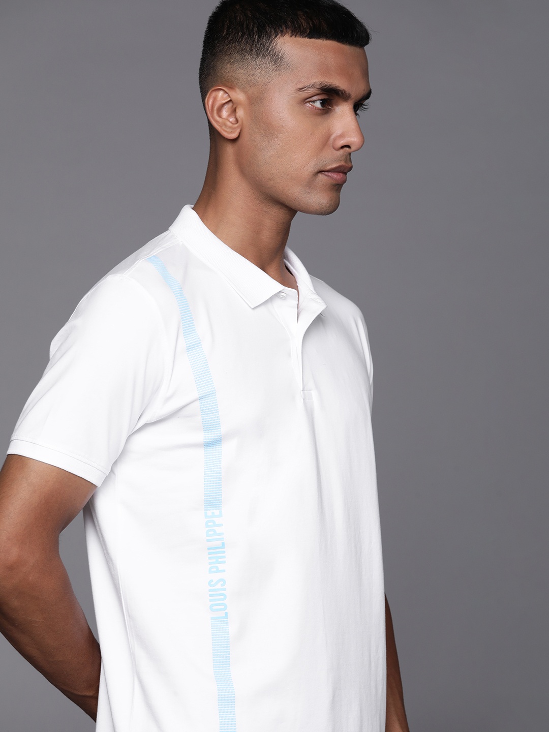 

Louis Philippe Ath Work Men White & Blue Brand Logo Printed Polo Collar Slim Fit T-shirt