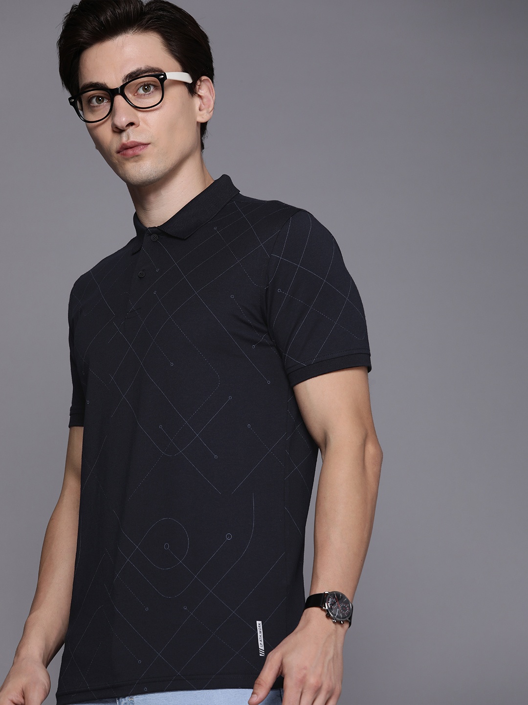 

Louis Philippe Ath Work Men Navy Blue Printed Polo Collar Slim Fit T-shirt