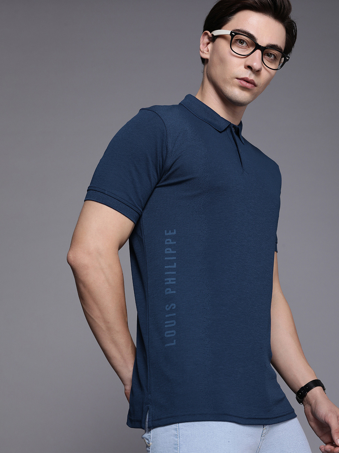 

Louis Philippe Ath Work Men Navy Blue Brand Logo Printed Polo Collar Slim Fit T-shirt