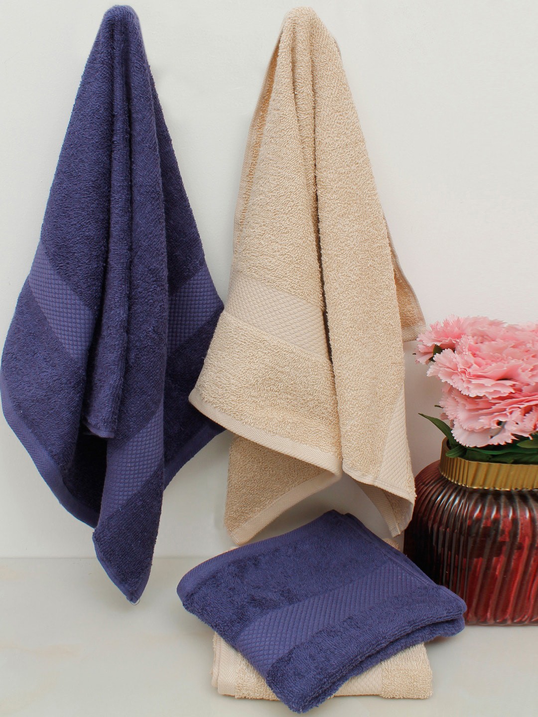 

AVI Living Set Of 4 Blue & Beige Colored Solid 500 GSM Pure Cotton Hand Towels