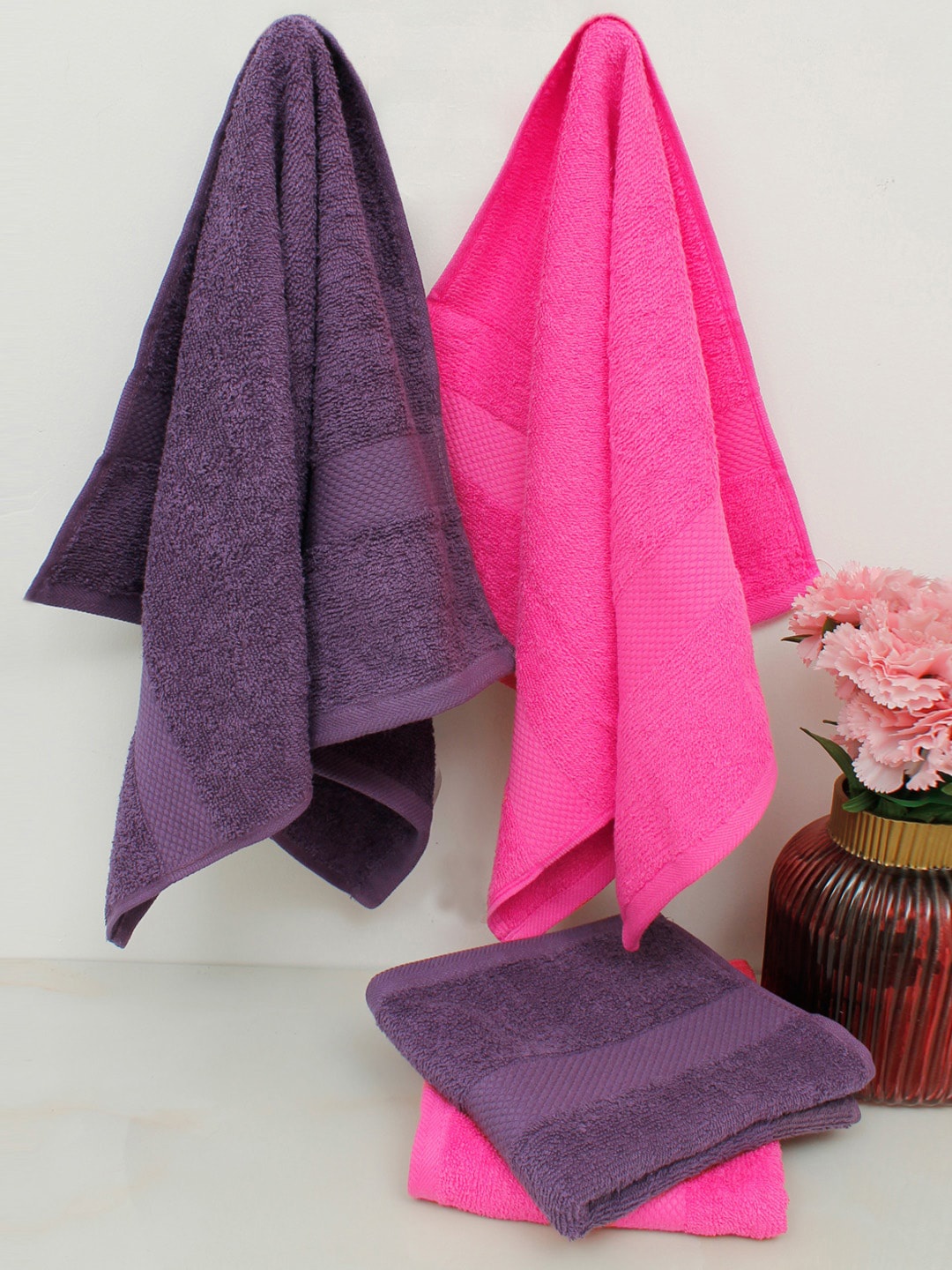 

AVI Living Set of 4 Solid 500 GSM Pure Cotton Hand Towels, Pink