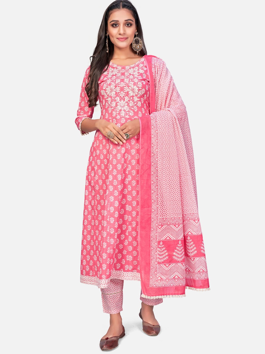 

Vbuyz Women Pink Ethnic Motifs Yoke Design Pure Cotton Kurta with Trousers & With Dupatta