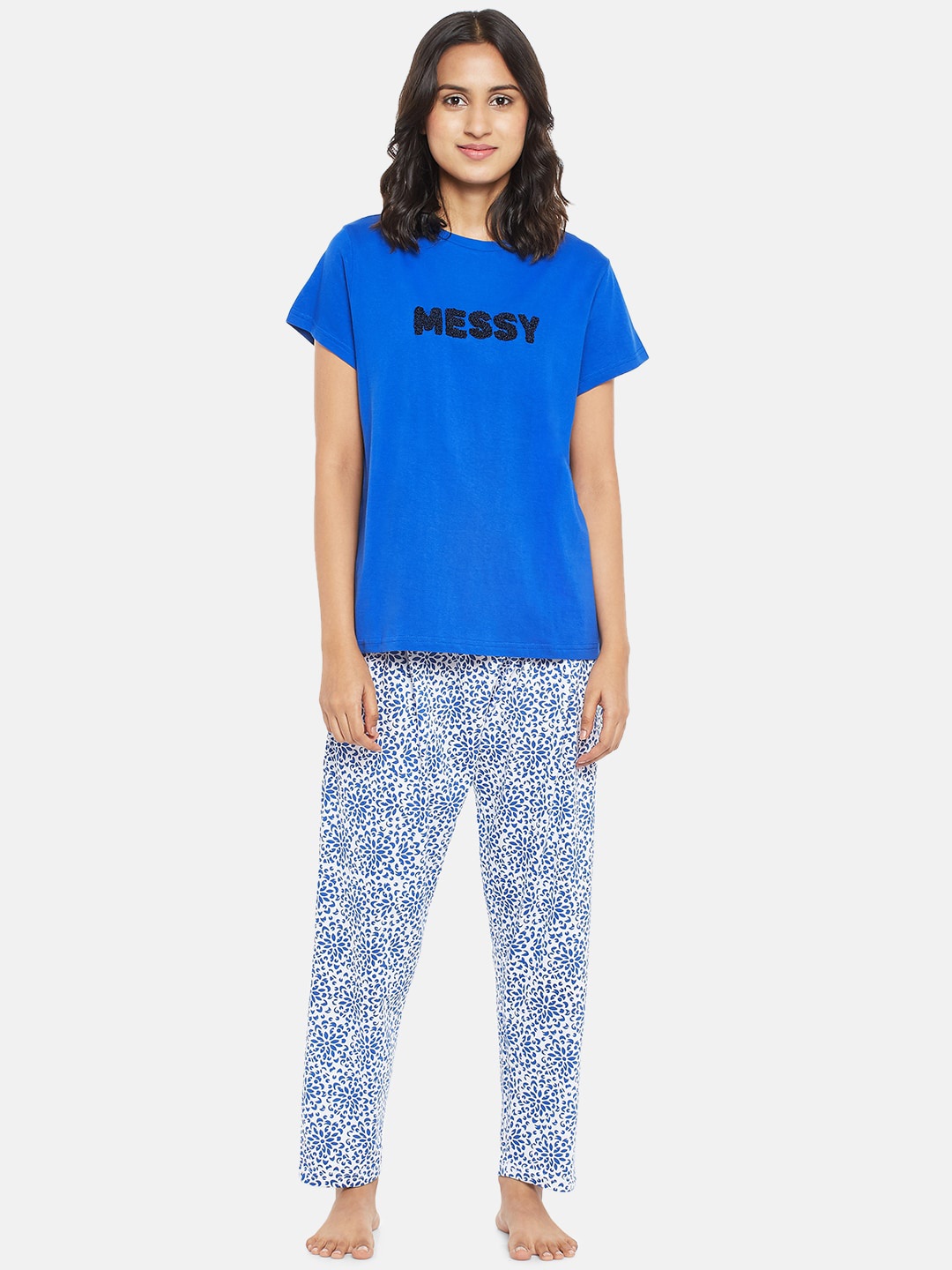 

People Women Blue & White Printed Night suit