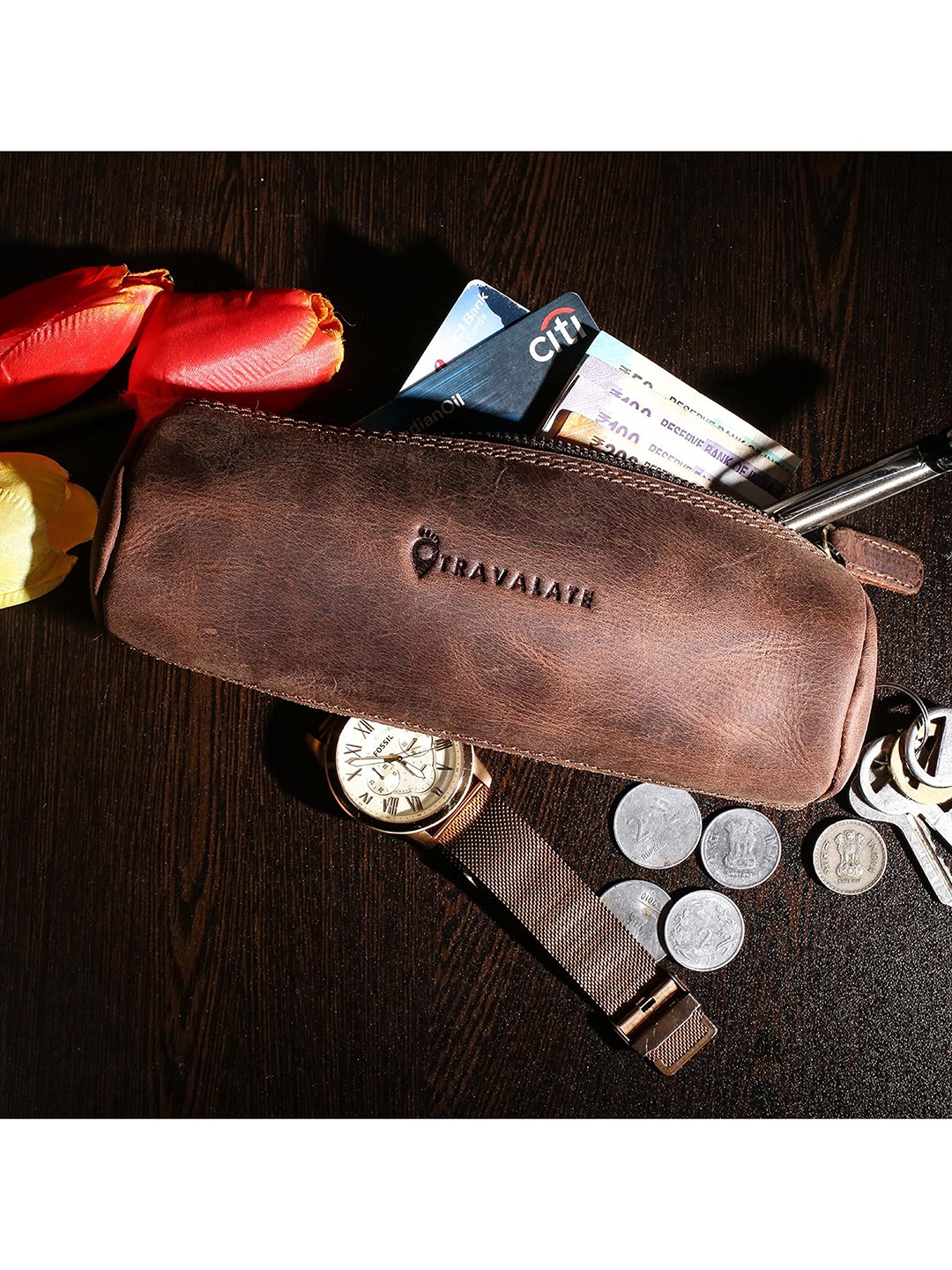 

TRAVALATE Brown Solid Leather Utility Pouch