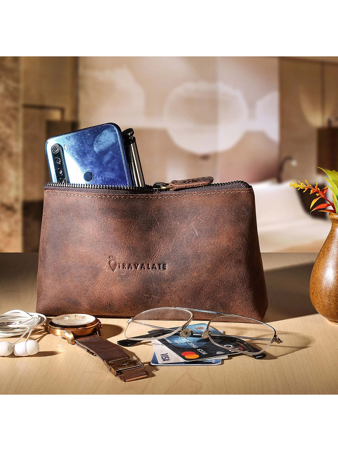 

TRAVALATE Brown Solid Leather Utility Pouch