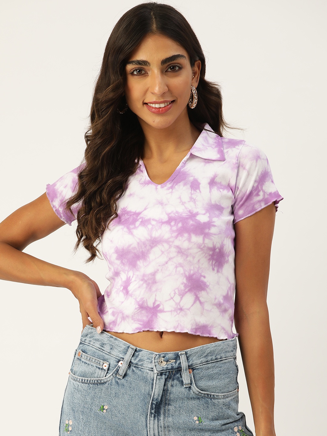 

BROOWL White & Lavender Tie and Dye Crop Top