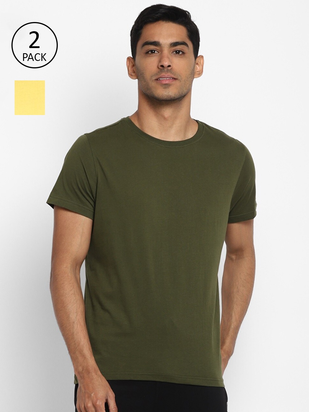 

Turtle Men Pack of 2 Olive Green & Yellow Pure Cotton Slim Fit T-shirts