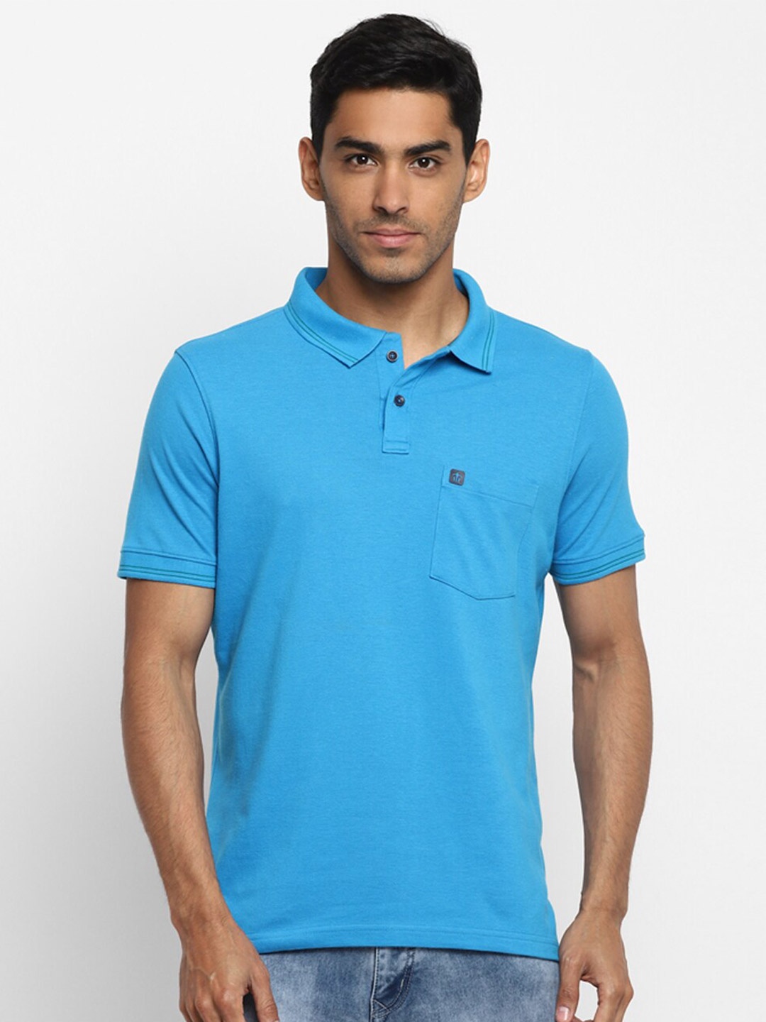 

Turtle Men Blue Polo Collar Slim Fit Solid T-shirt