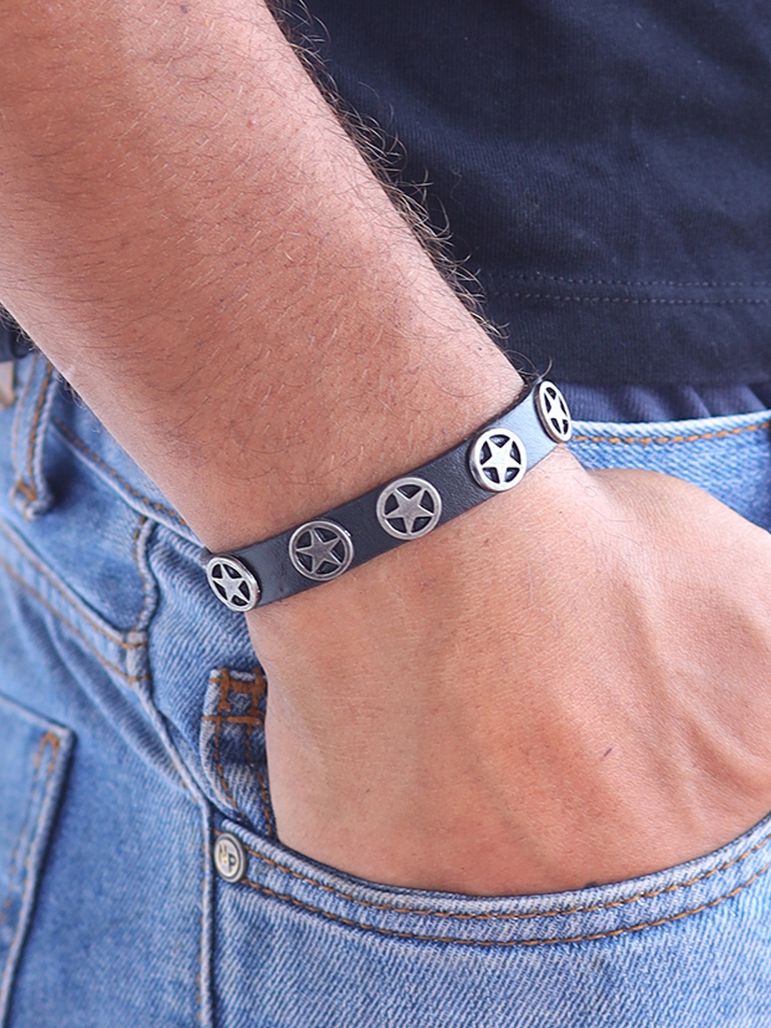 

UNKNOWN by Ayesha Men Black Wrap-Around Peace Studded Metallic Trim Bracelet