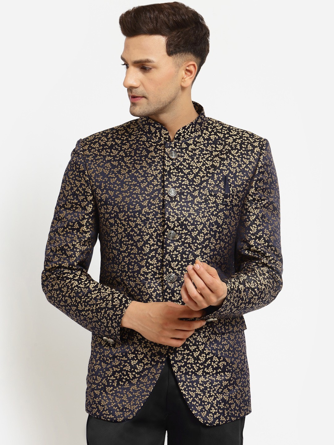 

KLOTTHE Men Gold-Coloured & Black Printed Slim-Fit Two-Piece Party Suit
