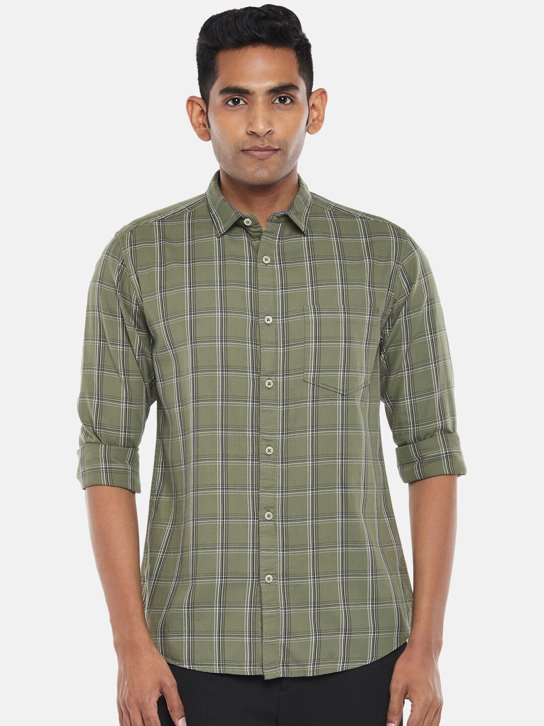 

BYFORD by Pantaloons Men Olive Green Slim Fit Checked Casual Shirt