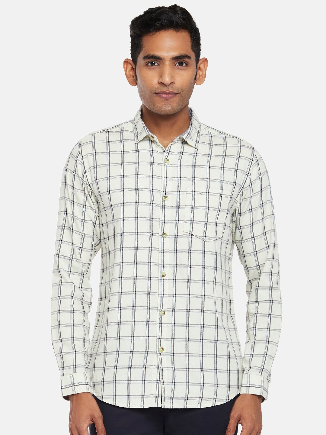 

BYFORD by Pantaloons Men Cream-Coloured Slim Fit Checked Casual Shirt