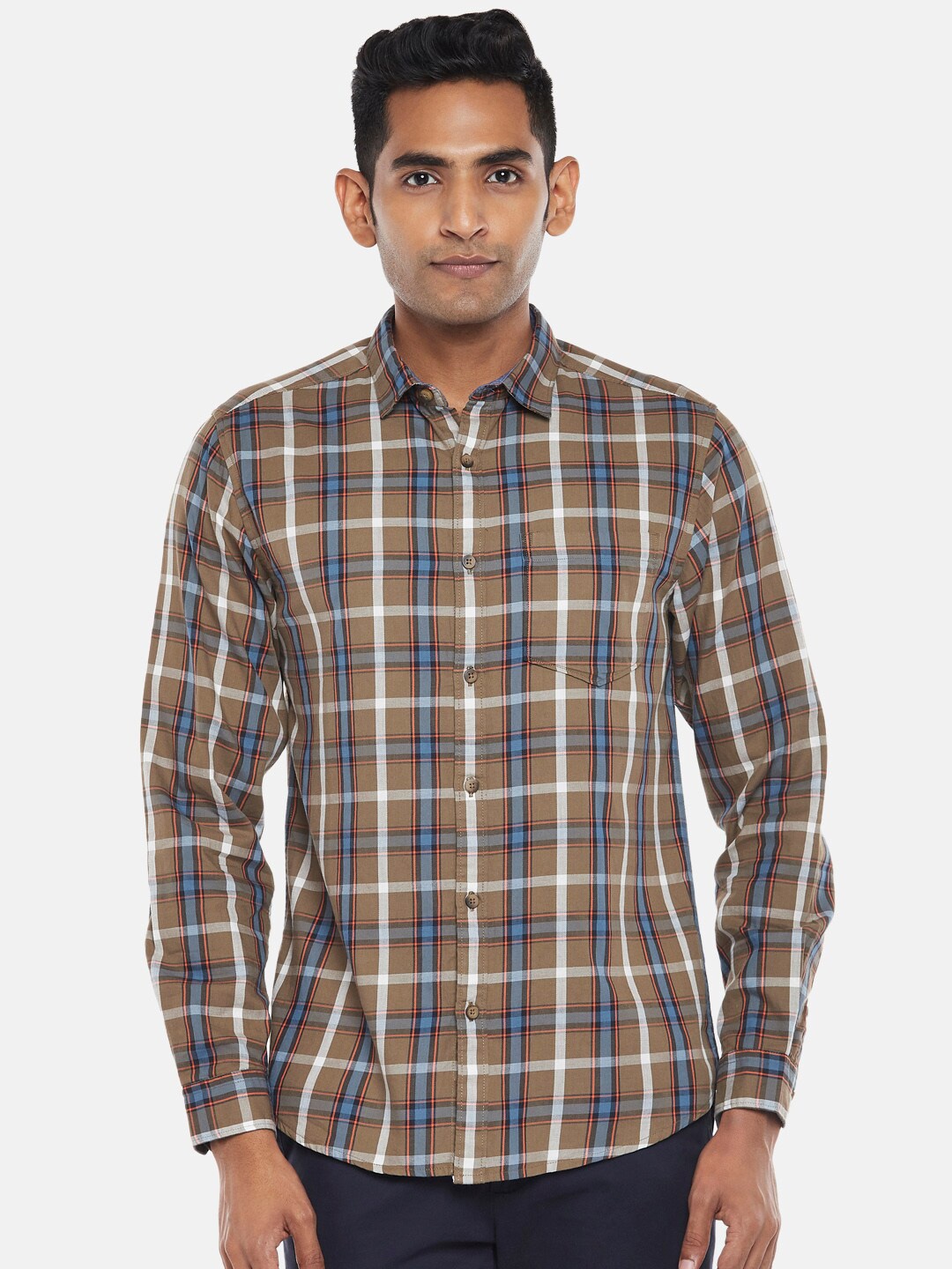

BYFORD by Pantaloons Men Khaki Slim Fit Tartan Checks Checked Casual Shirt