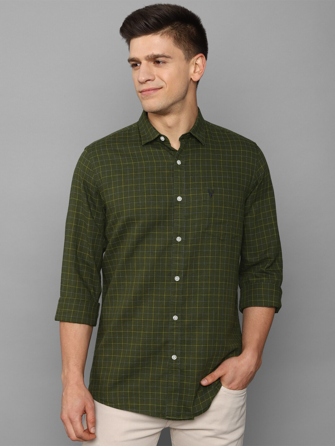 

Allen Solly Men Olive Green Slim Fit Checked Casual Shirt