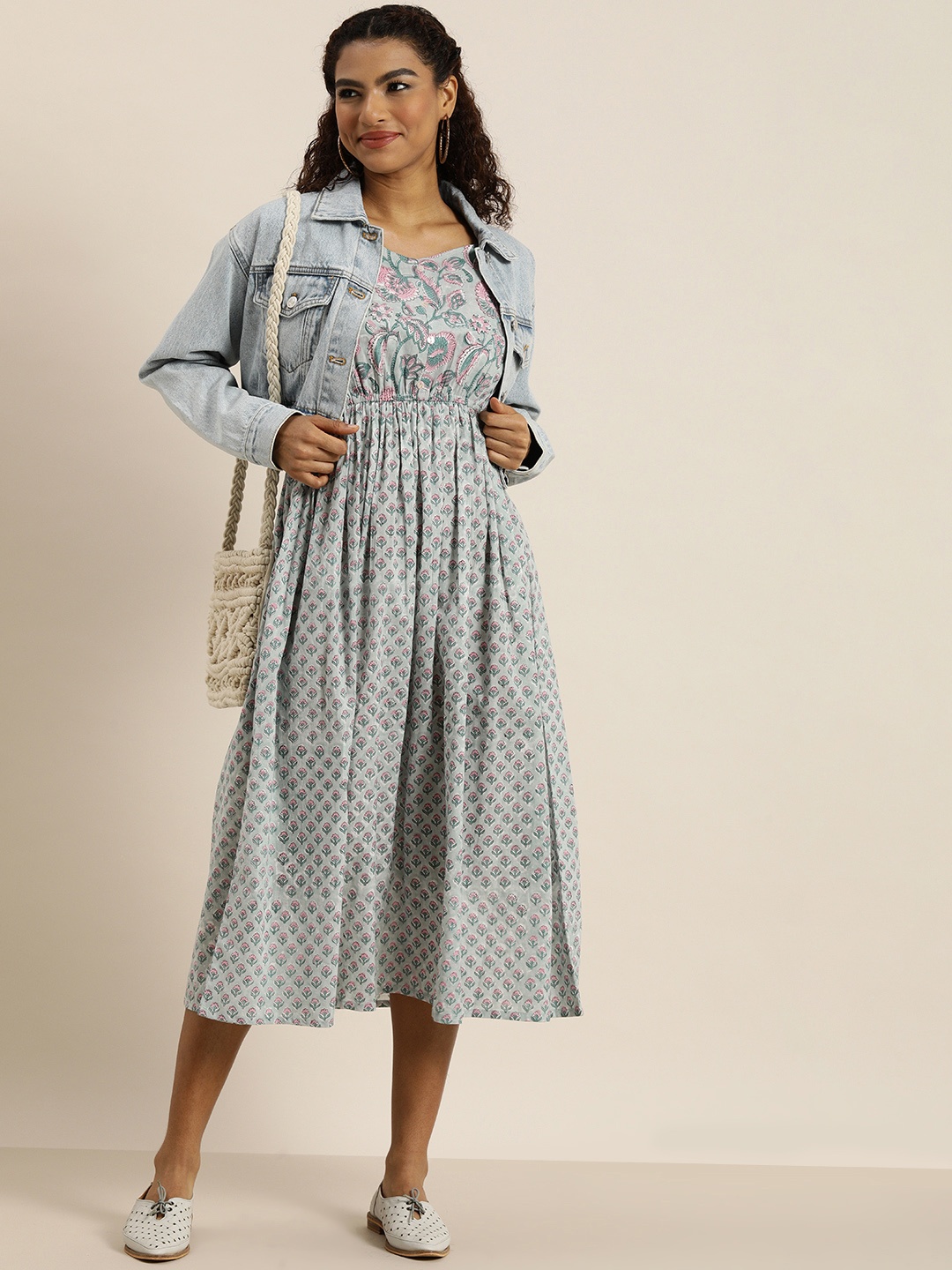 

Taavi Sanganeri Printed Ethnic Empire Midi Dress, Green
