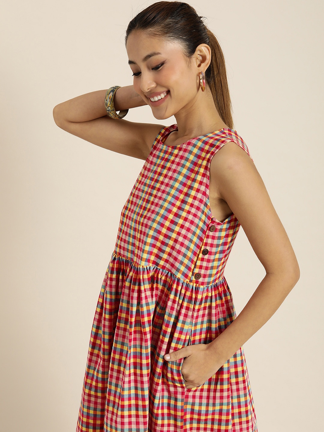 

Taavi Gamcha Handloom Woven Legacy Pure Cotton Checked A-Line Midi Dress, Multi