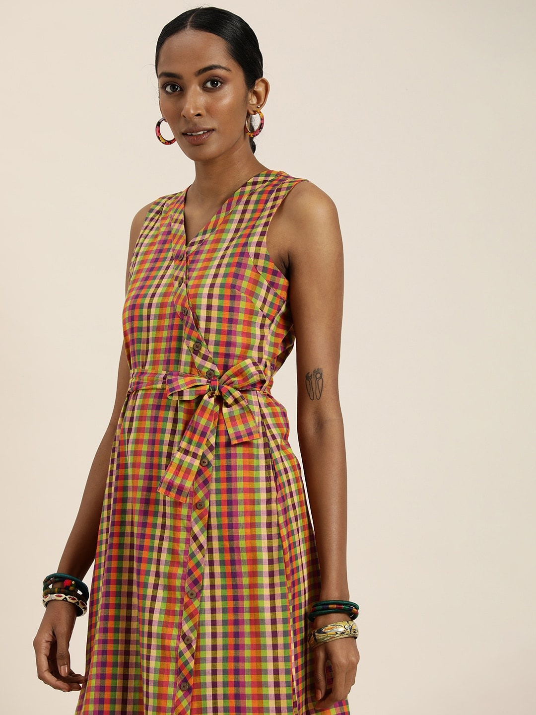 

Taavi Checked Pure Cotton Handloom A-Line Dress With Fabric Belt, Multi