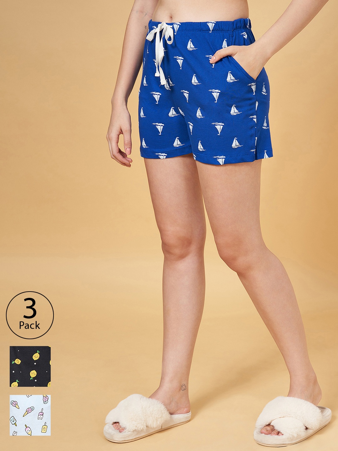 

Dreamz by Pantaloons Women Blue, Navy Blue & Black Printed Lounge shorts Pack of 3