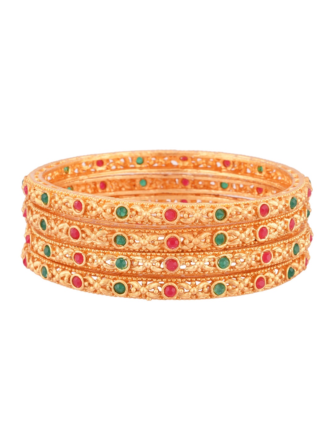 

FEMMIBELLA Set Of 4 Gold-Plated Maroon & Green Stone-Studded Bangles