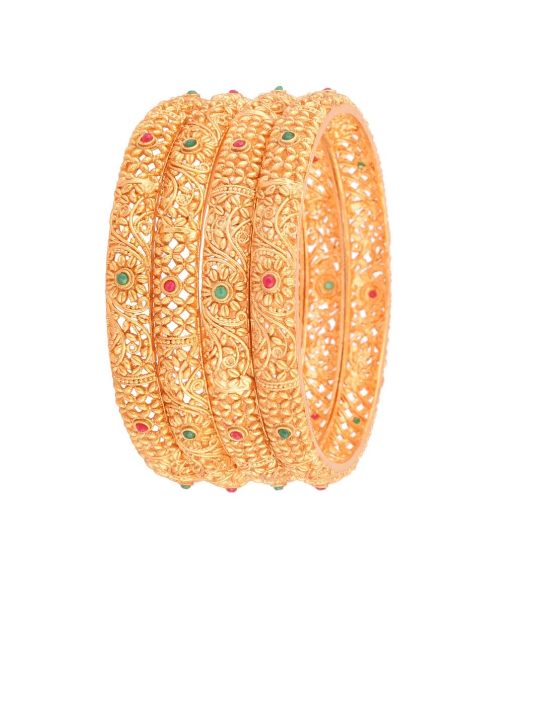 

FEMMIBELLA Set Of 4 Gold-Plated Red & Green Stones-Studded Bangles