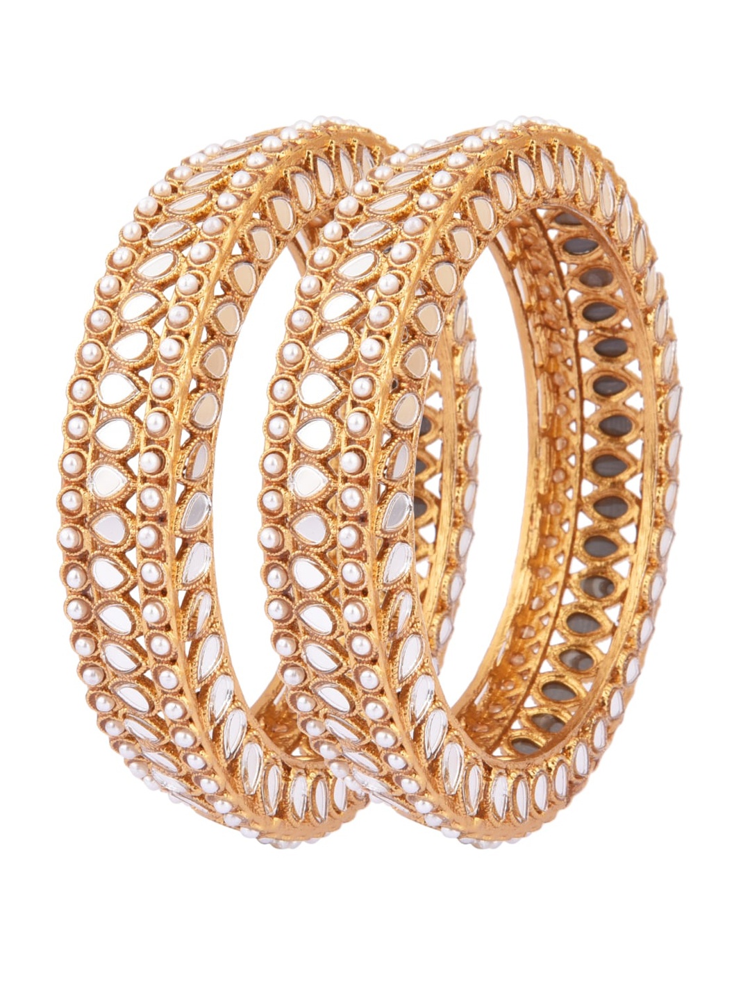 

FEMMIBELLA Set Of 2 Gold-Plated White Mirror-Studded & Pearl-Beaded Bangles