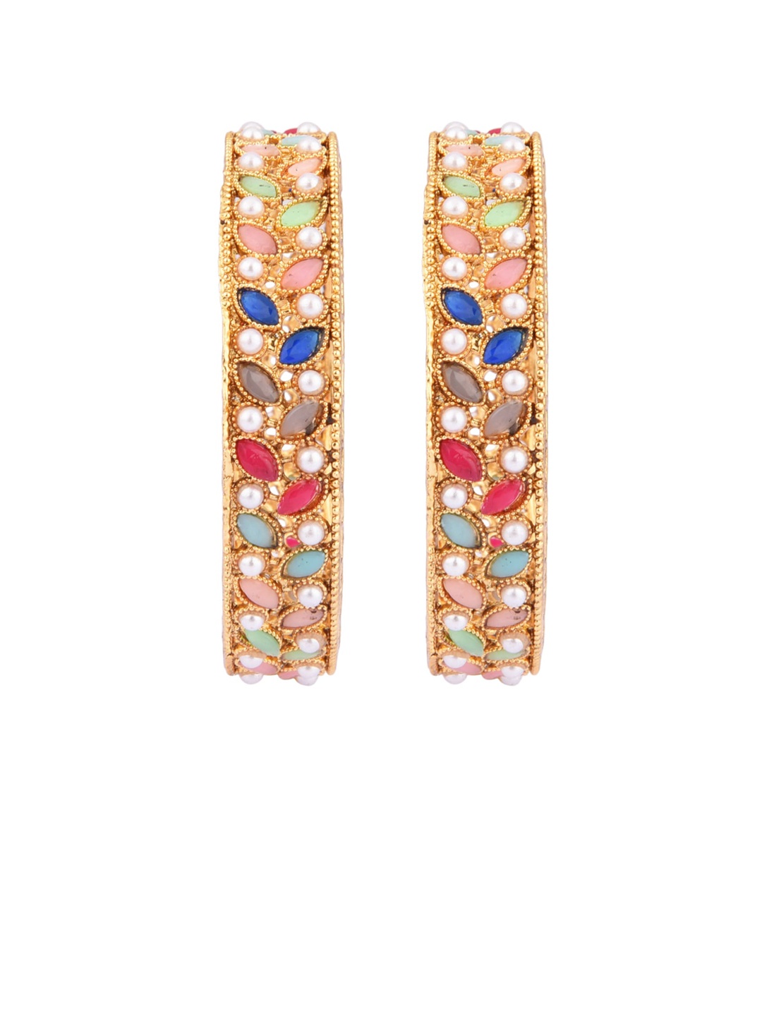 

FEMMIBELLA Pack Of 2 Multicoloured Gold-Plated Pearl & Stone Studded Bangle, Multi