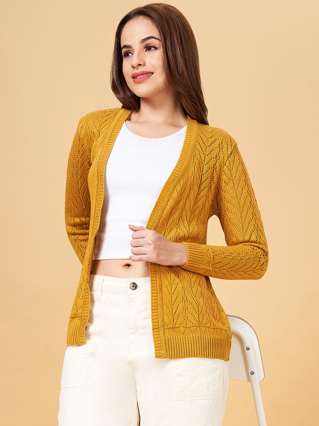 

Honey by Pantaloons Women Mustard Knitted Cardigan with Embroidered Detail