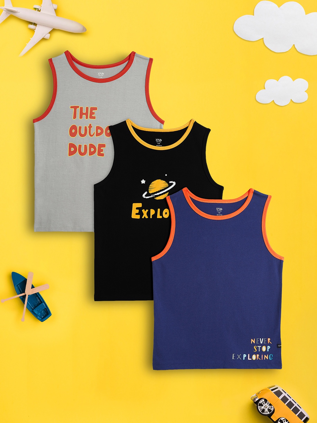 

XY Life Boys Pack Of 3Playmate Combed Cotton Outer Vests, Multi
