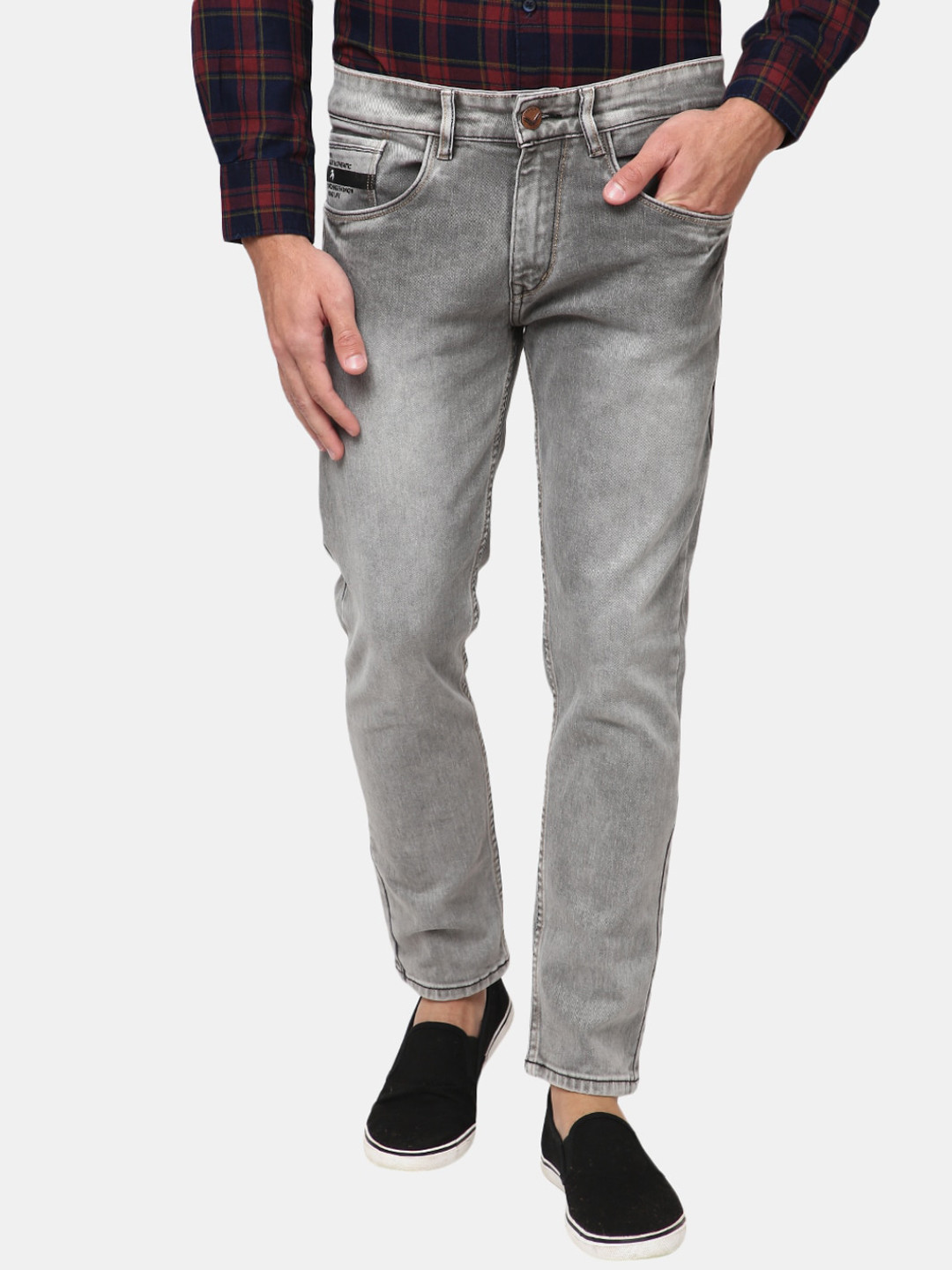 

V-Mart Men Solid Cotton Knitted Denim Medium Waist Jeans, Grey