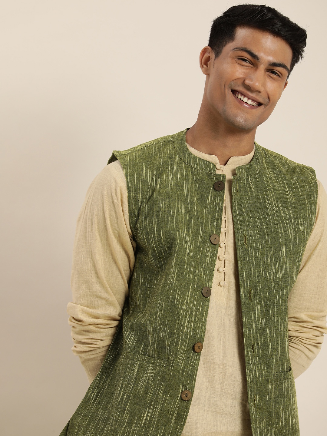 

Taavi Men Woven Legacy Pure Cotton Nehru Jacket, Green