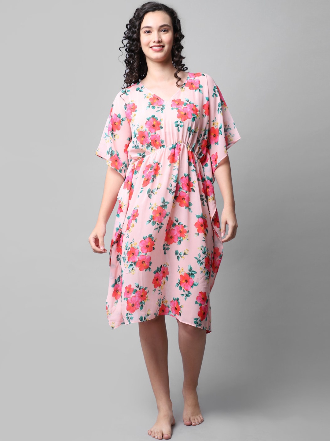 

EROTISSCH Women Pink Floral Printed Cover-Up Kaftan