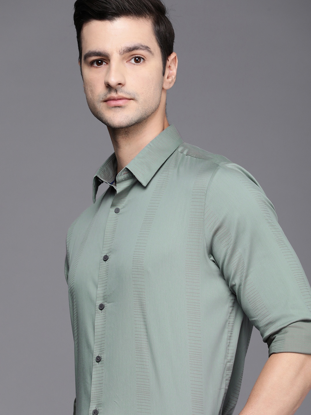 

Louis Philippe Ath.Work Men Green Self Striped Super Slim Fit Casual Shirt