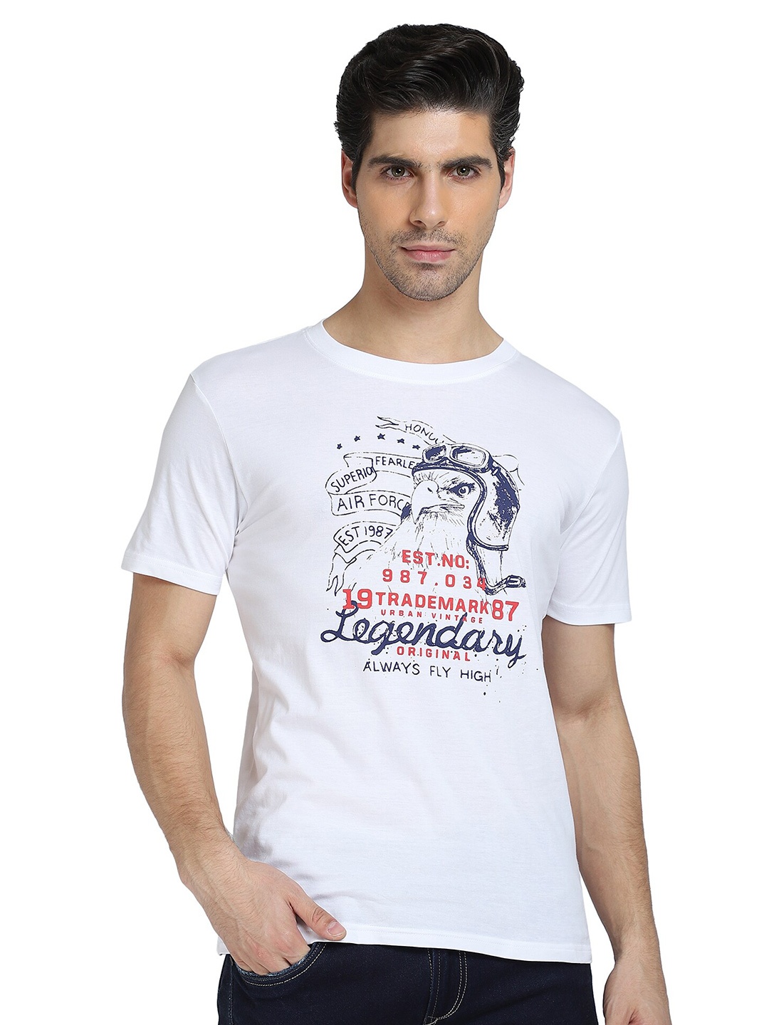 

DYCA Men White & bright gray Typography Printed T-shirt