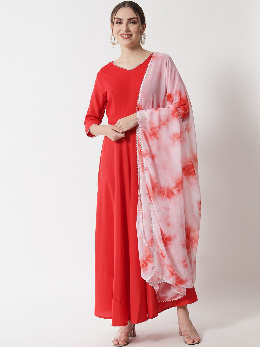 

VAANI CREATION Women Red Lace Frills Bows and Ruffles Dobby Anarkali Kurta
