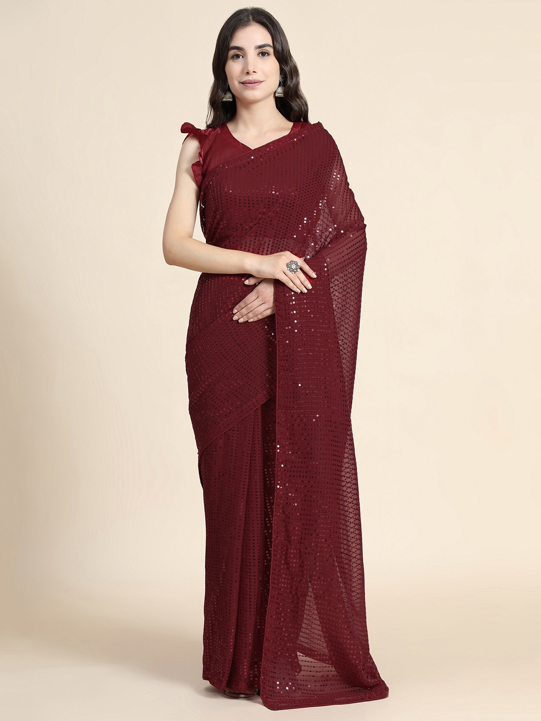 

ORUS Maroon Embellished Sequinned Pure Georgette Saree